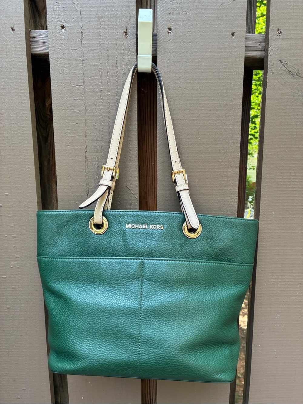 Michael Kors Forest Green Pebbled Leather Medium Satchel w/ Contrast Straps EUC!